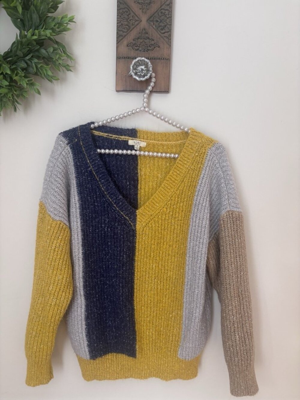Kori America Womens Size S Striped Sweater V-Neck Yellow Gray Tan Blue